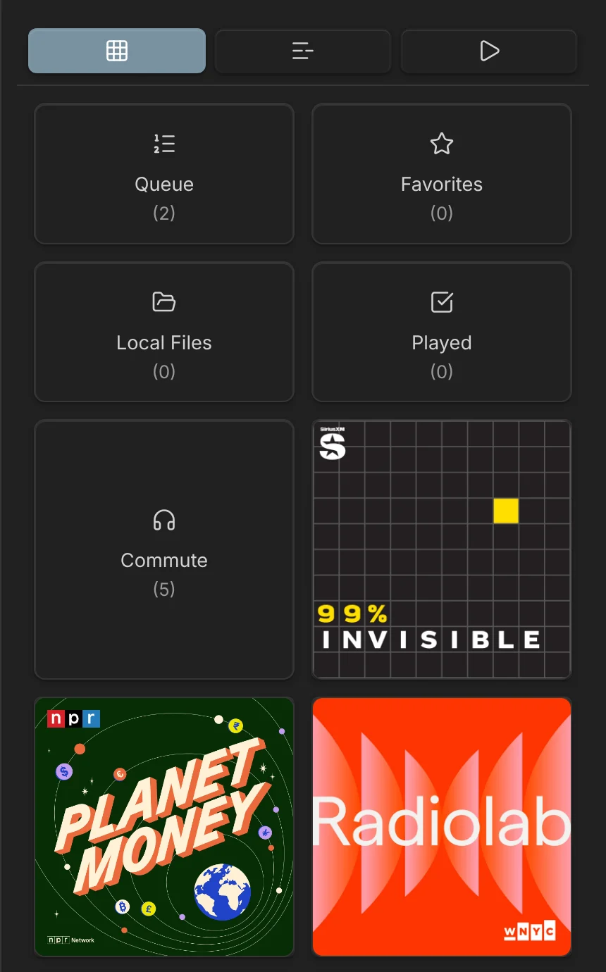 The podcast grid with the Queue, Favorites, Local Files, Played, and Commute playlists beside podcast artwork tiles